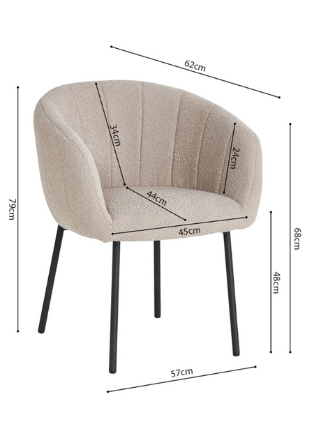 dimensions d'un Fauteuil de table à manger beige en tissu bouclette pieds métal noir - Souffle d'intérieur