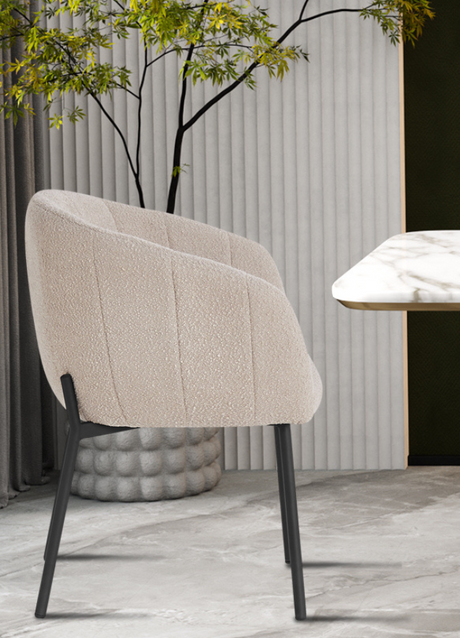 Fauteuil de table à manger beige en tissu bouclette pieds métal noir - Souffle d'intérieur