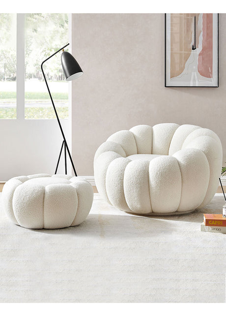 Fauteuil bouclette blanc pivotant tissu avec pouf design - Souffle d'intérieur