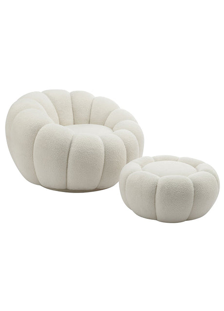 Fauteuil bouclette blanc pivotant tissu avec pouf design - Souffle d'intérieur