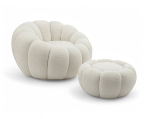 Fauteuil bouclette blanc pivotant tissu avec pouf design - Souffle d'intérieur