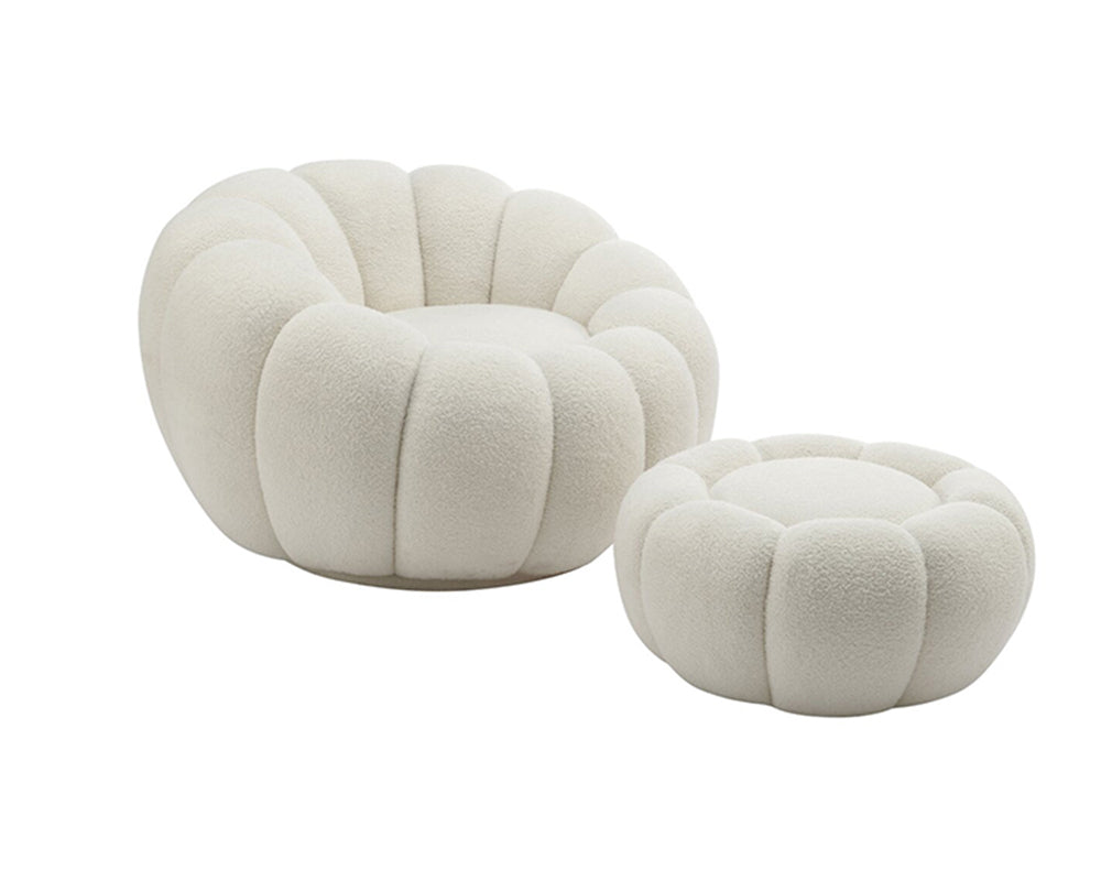 Fauteuil bouclette blanc pivotant tissu avec pouf design - Souffle d'intérieur