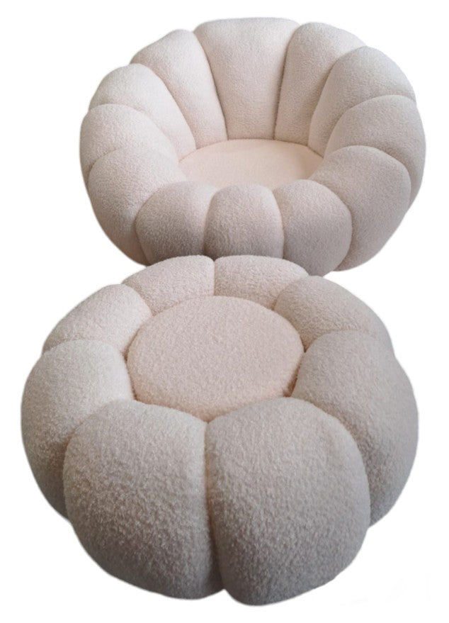 Fauteuil bouclette blanc pivotant tissu avec pouf design - Souffle d'intérieur