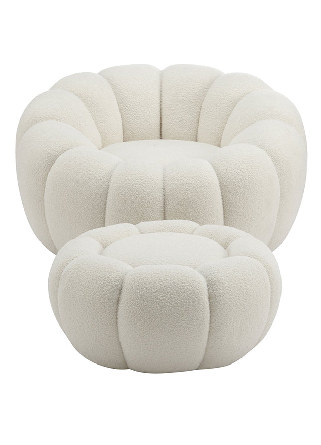 Fauteuil bouclette blanc pivotant tissu avec pouf design - Souffle d'intérieur