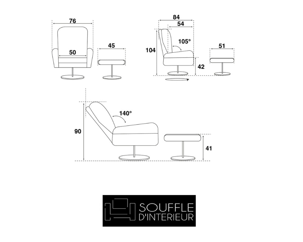 Fauteuil relax design inclinable en cuir noir L 76cm - Souffle d'intérieur