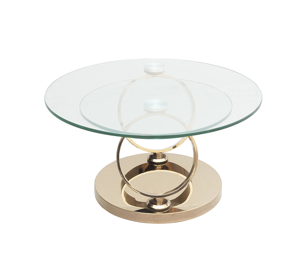 Table basse verre transparent design ronde pivotante pied métal or - Olivia