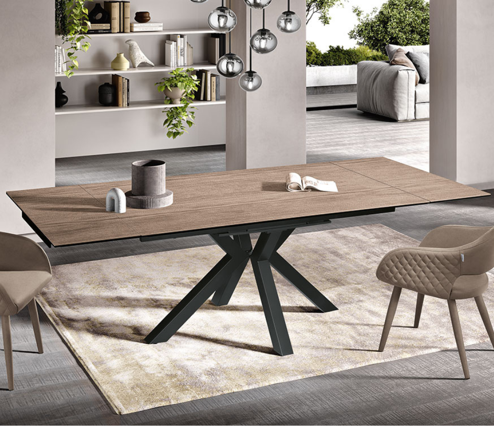 table ceramique bois extensible design pieds central métal - Souffle d'intérieur