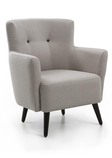 Fauteuil crapaud en tissu beige capiton noir et pieds bois - Souffle d'intérieur