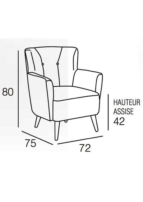 Fauteuil crapaud en tissu beige capiton noir et pieds bois avec dessin dimensions - Souffle d'intérieur