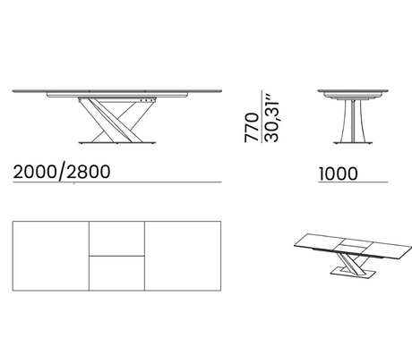 Dessin dimension de la table céramique extensible marbre noir pieds bois, laque et métal