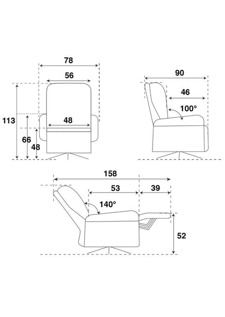 Fauteuil électrique relaxation tissu gris pieds métal design avec dessin des dimensions  - Souffle d'intérieur